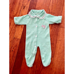 Vintage 70s Mint Green Terry Cloth Footed Sleeper Lace Collar "I Love U" Newborn